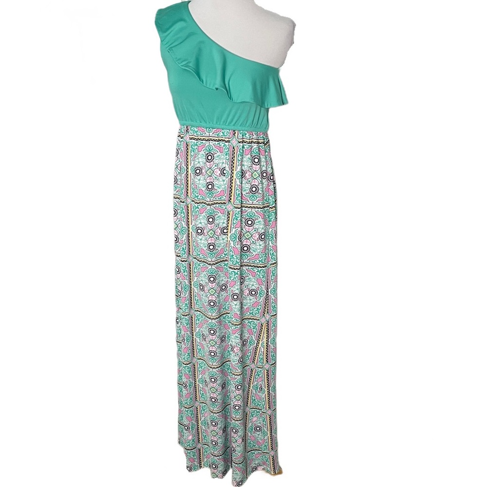 Tracy Negoshian One Shoulder Ruffle Neckline Geometric Print Maxi Dress